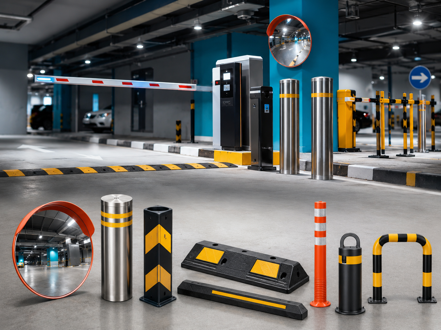 Parking accessories and safety equipment in a car park
