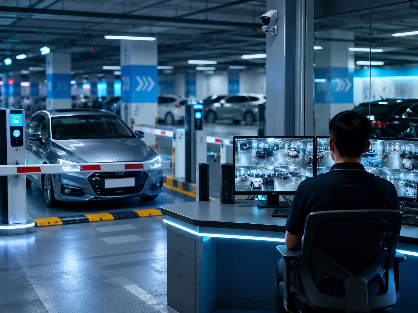 Car park management control room and parking barrier